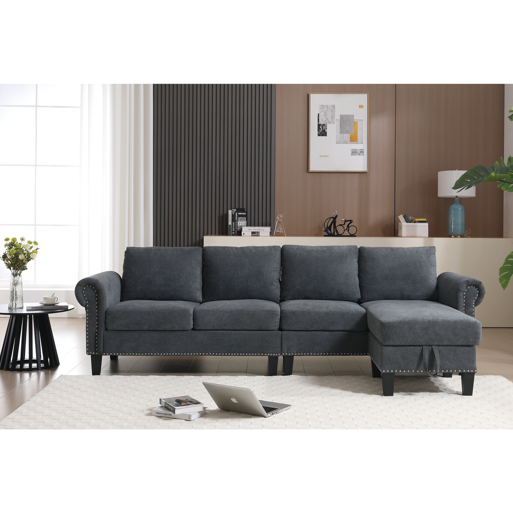 Gray sectional sofa with chaise and storage ottoman, tufted arms and nailhead trim