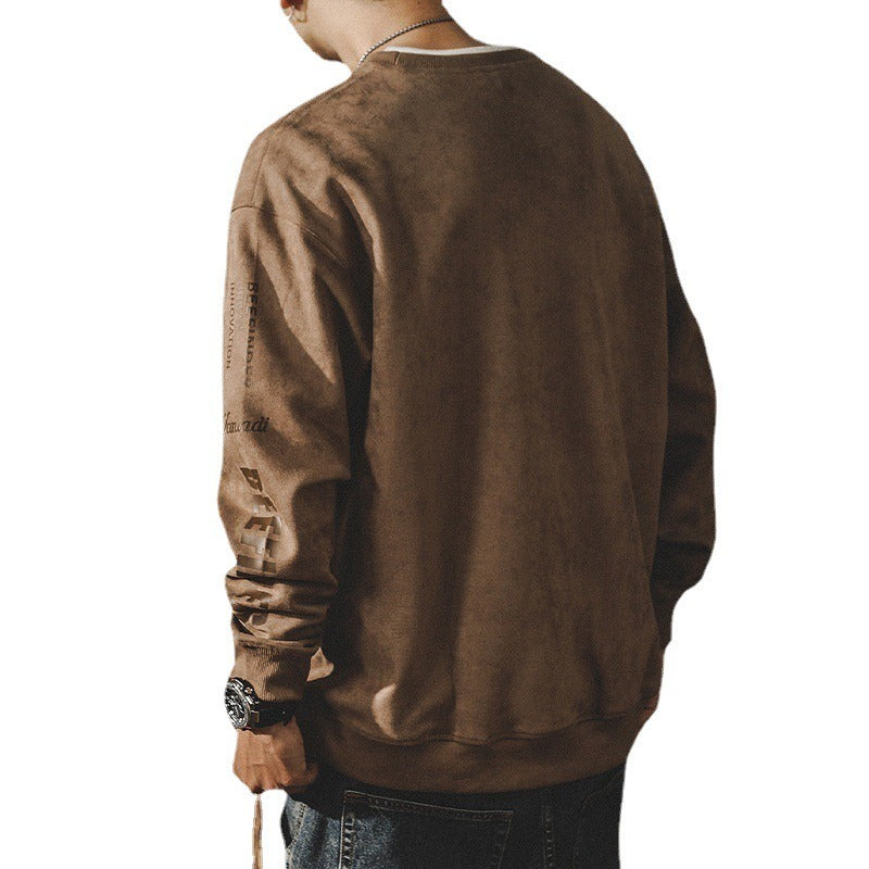 Men's suede-look crewneck sweatshirt, dark tan-brown, long sleeves with ribbed cuffs