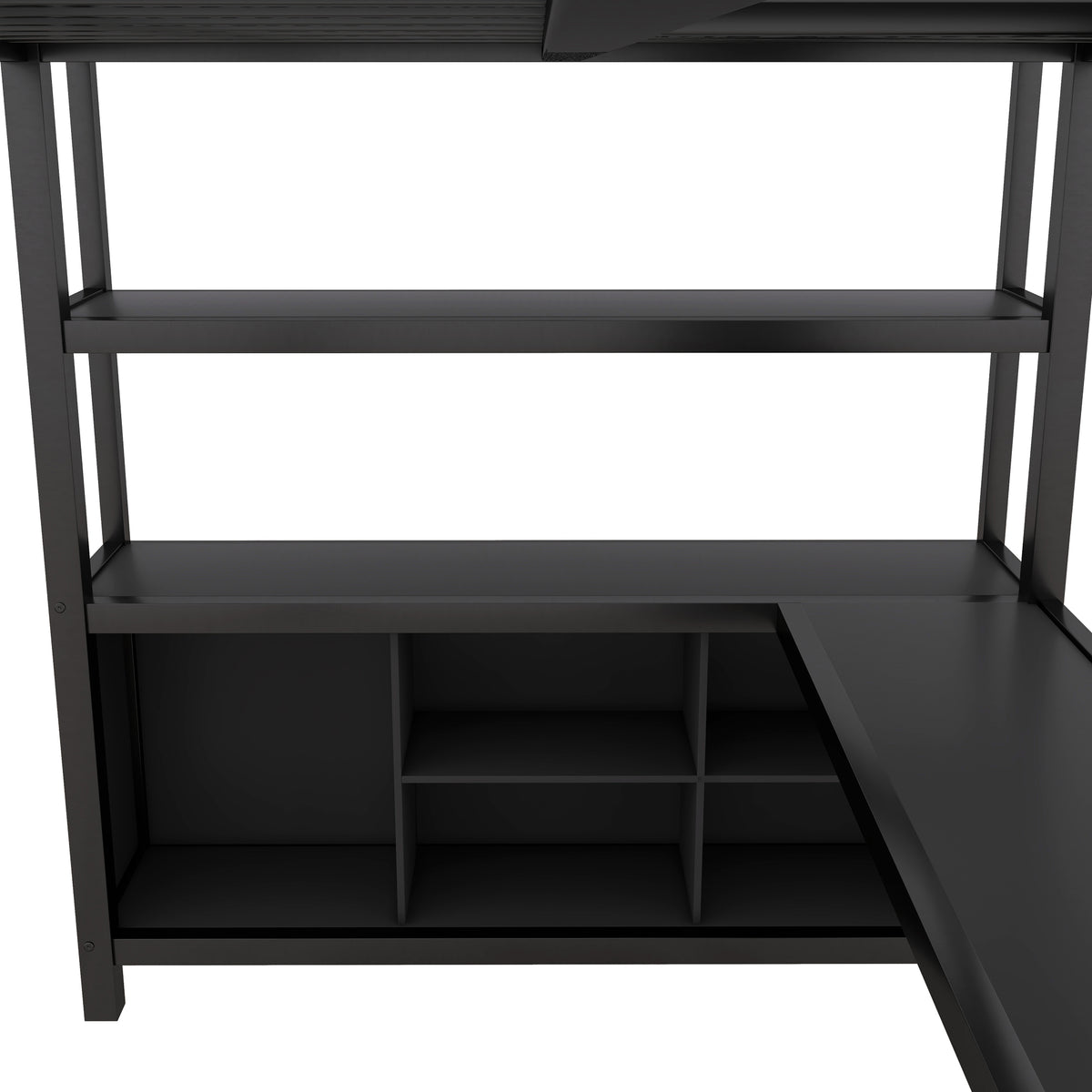 Black metal loft bed frame with underside open storage compartments