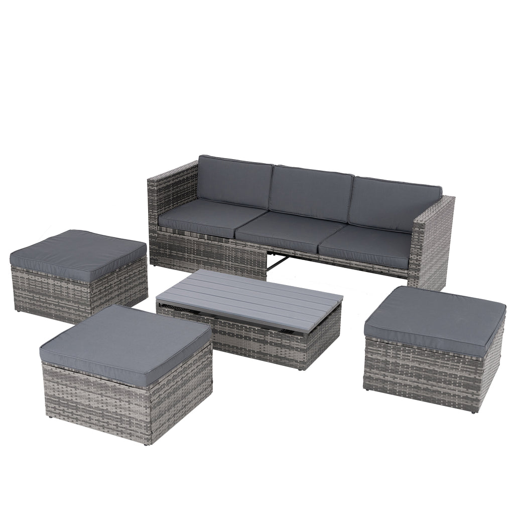 Outdoor dark gray PE wicker seating set with coffee table and four matching ottomans