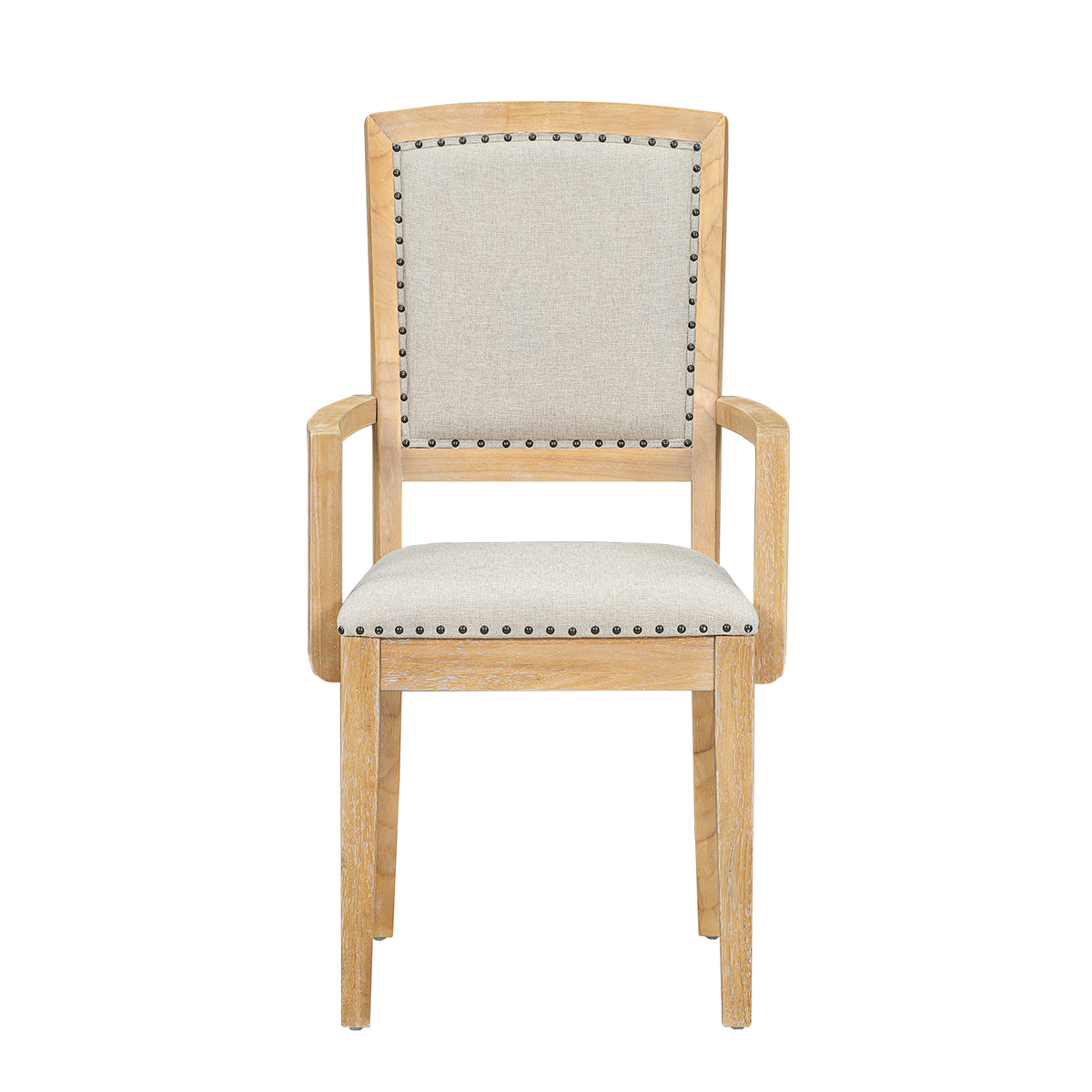 Natural wood dining chair with beige upholstered seat and square tufted back