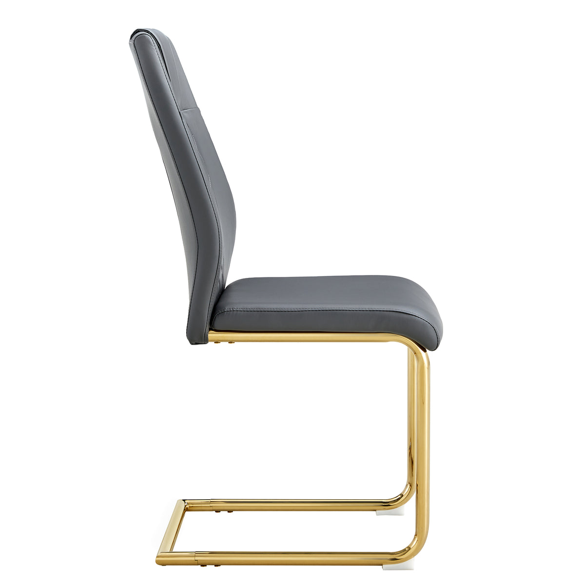 Gray upholstered chair with tall backrest and gold metal sled base