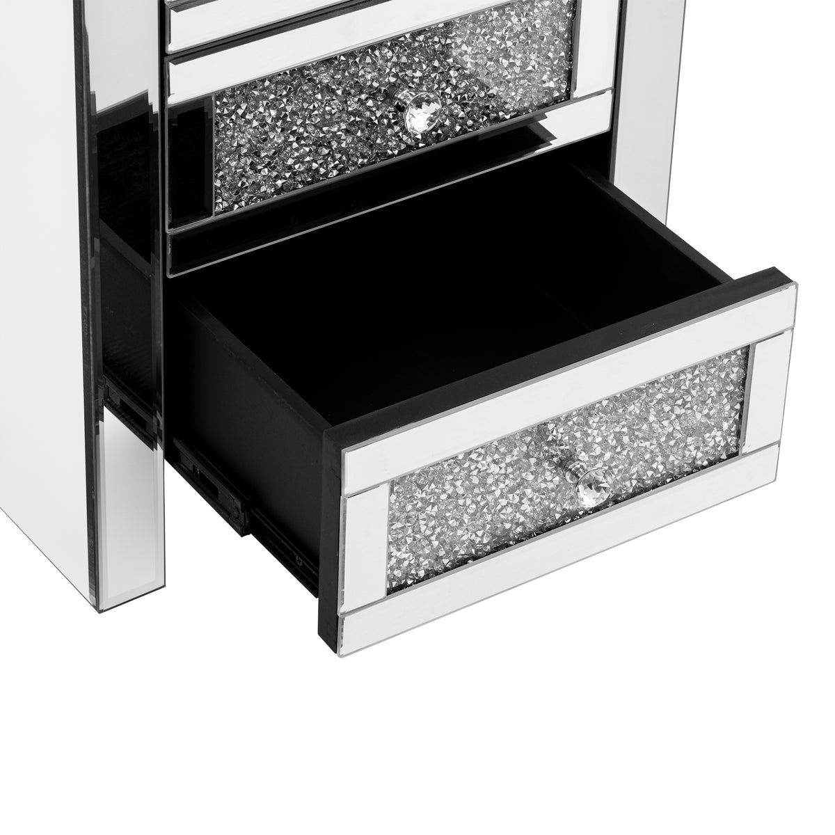 Silver side view of coffee table showing open drawer compartments with glitter fronts