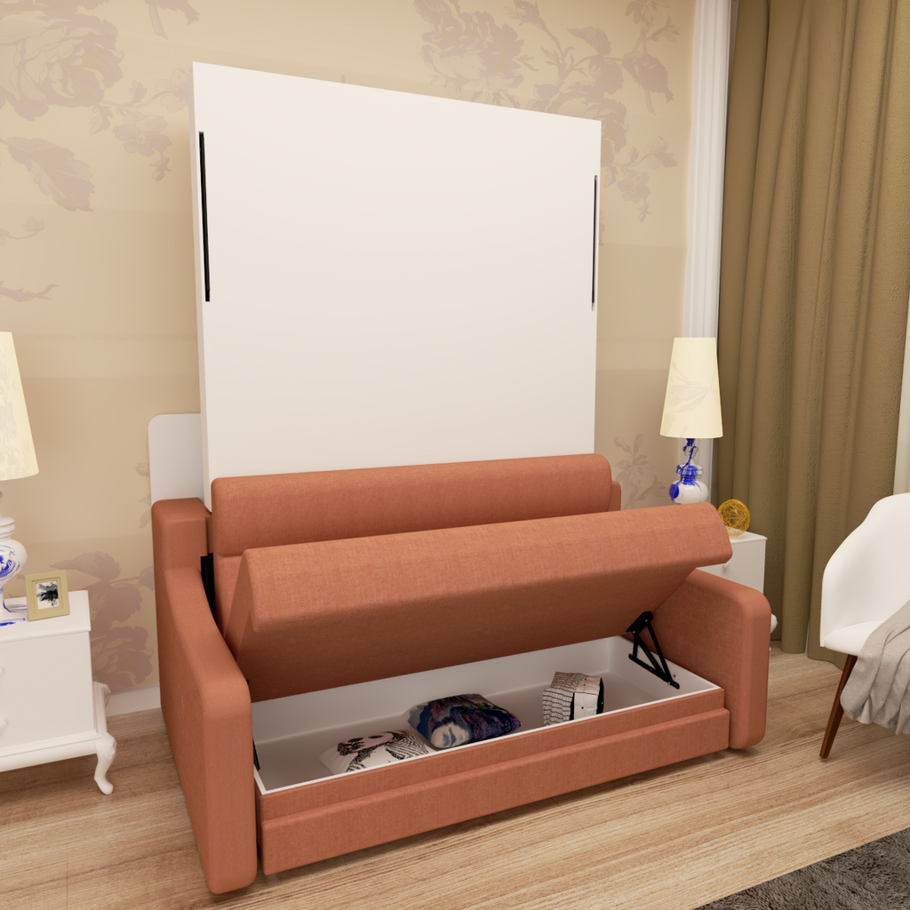 Full size Murphy sofa bed with open base storage and orange-brown frame, white panel up