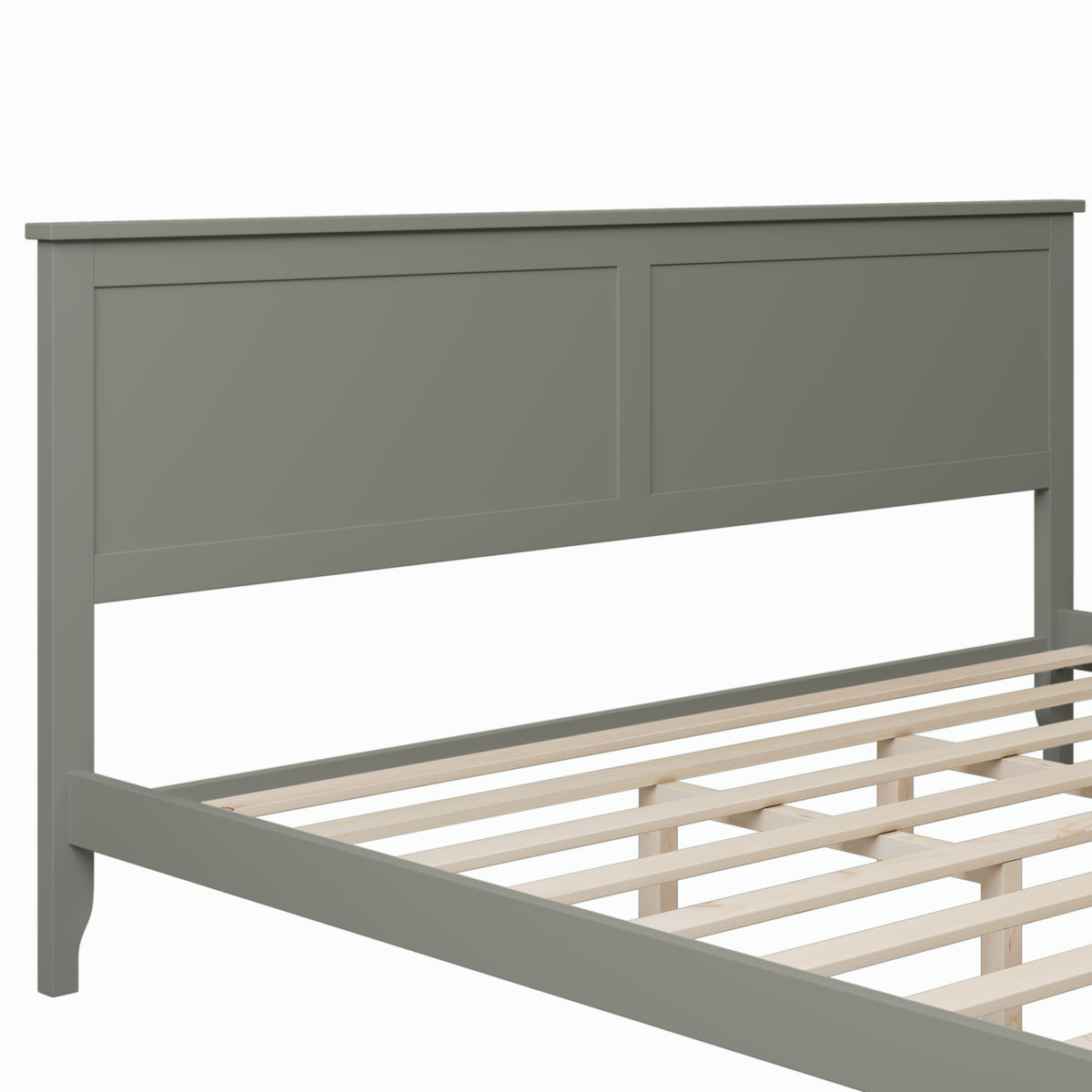 Gray king bed headboard panel and slatted platform with side rail