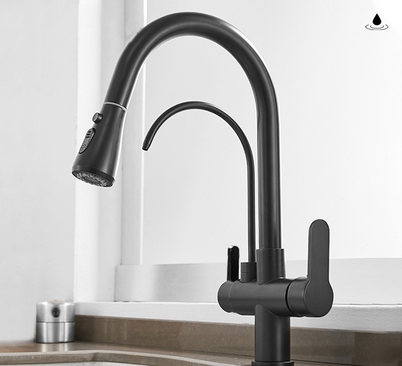 Black kitchen faucet with tall curved spout and pull-out sprayer, deck-mounted controls