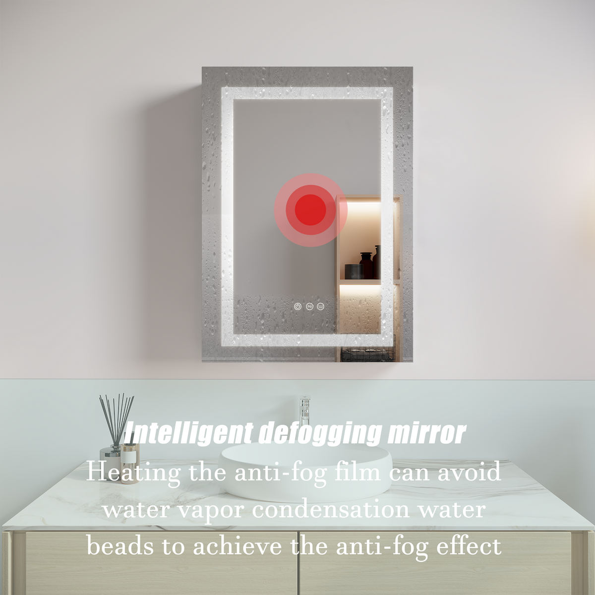 Intelligent anti-fog LED bathroom mirror cabinet with touch control button, single door