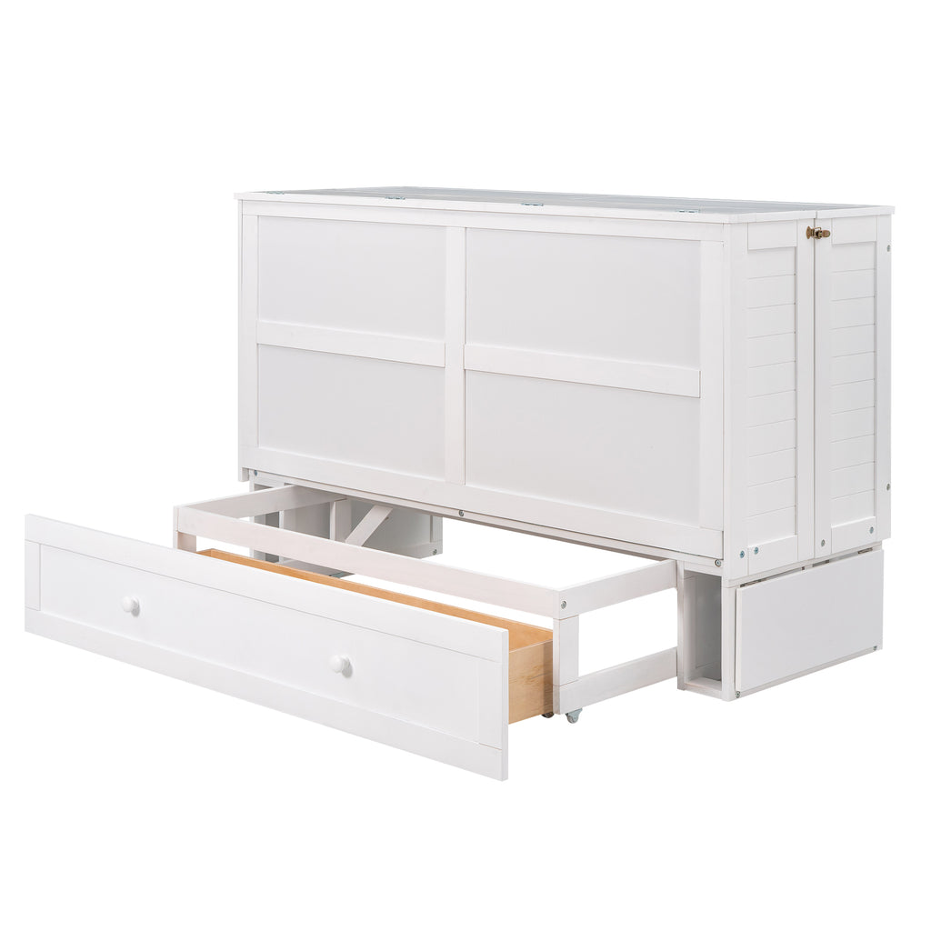 White Murphy bed open with side drawer extended and slat frame visible