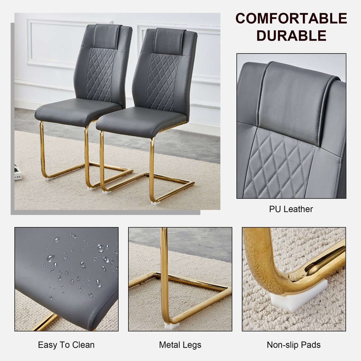 Set of gray faux leather chairs with quilted backrests and gold metal sled legs