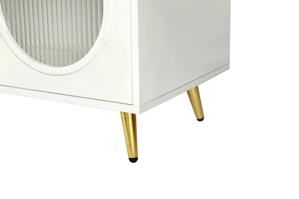 Antique white TV stand leg detail with gold tapered feet