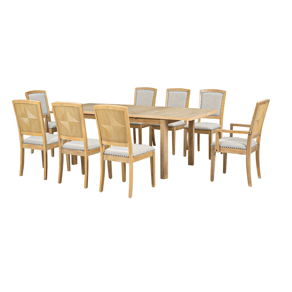 Dining table set with natural wood table and upholstered chairs, arm and armless