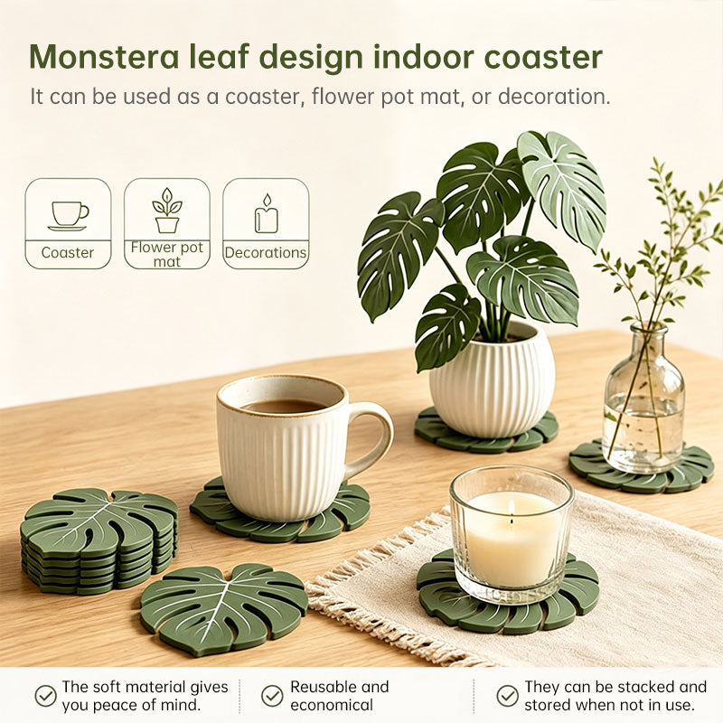 Monstera leaf indoor coaster set in green with detachable design around drink cups