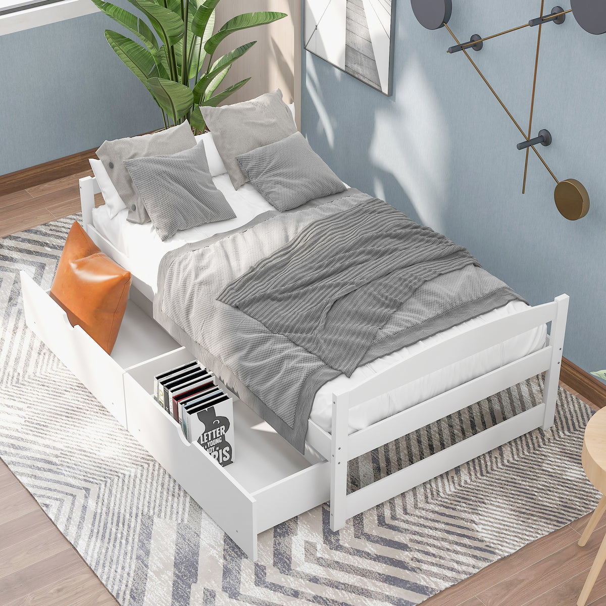 White twin platform bed with two under-drawers and built-in slat support for mattress