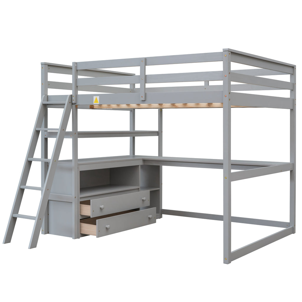 Gray loft bed with desk and two drawers, open shelving below and side rails