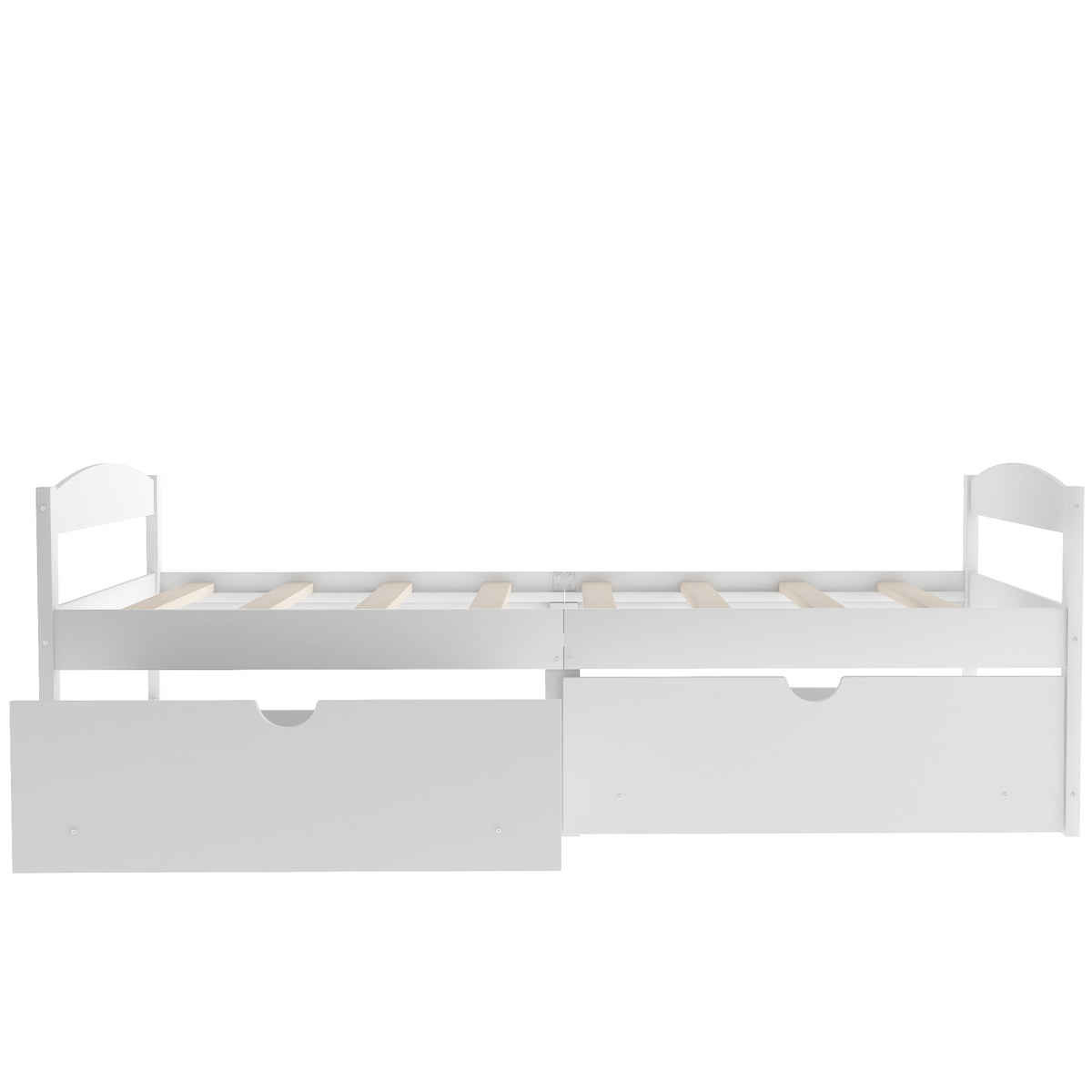 White twin platform bed showing two under-drawers with curved drawer pulls