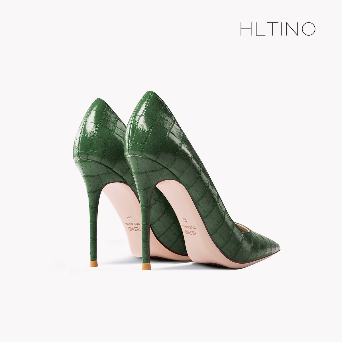 Green patent leather pointed-toe stiletto pump, side view, thin high heel