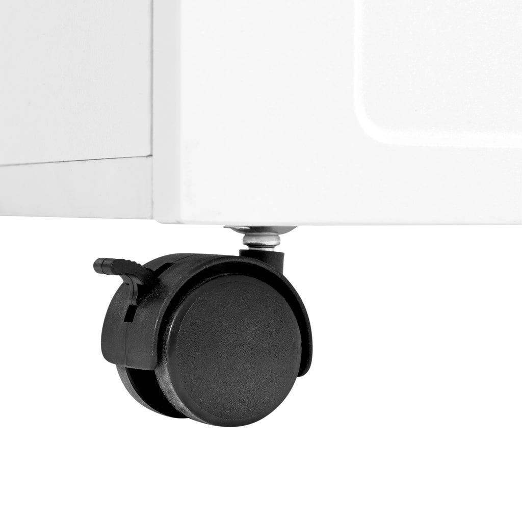 Close-up of black caster wheel at the bottom corner of a white coffee table