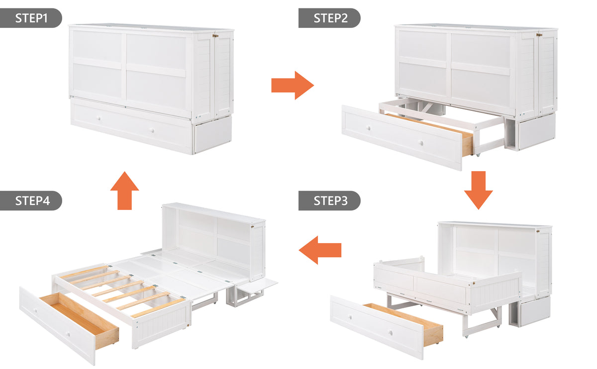 White Murphy bed installation steps showing cabinet opening and slat frame release