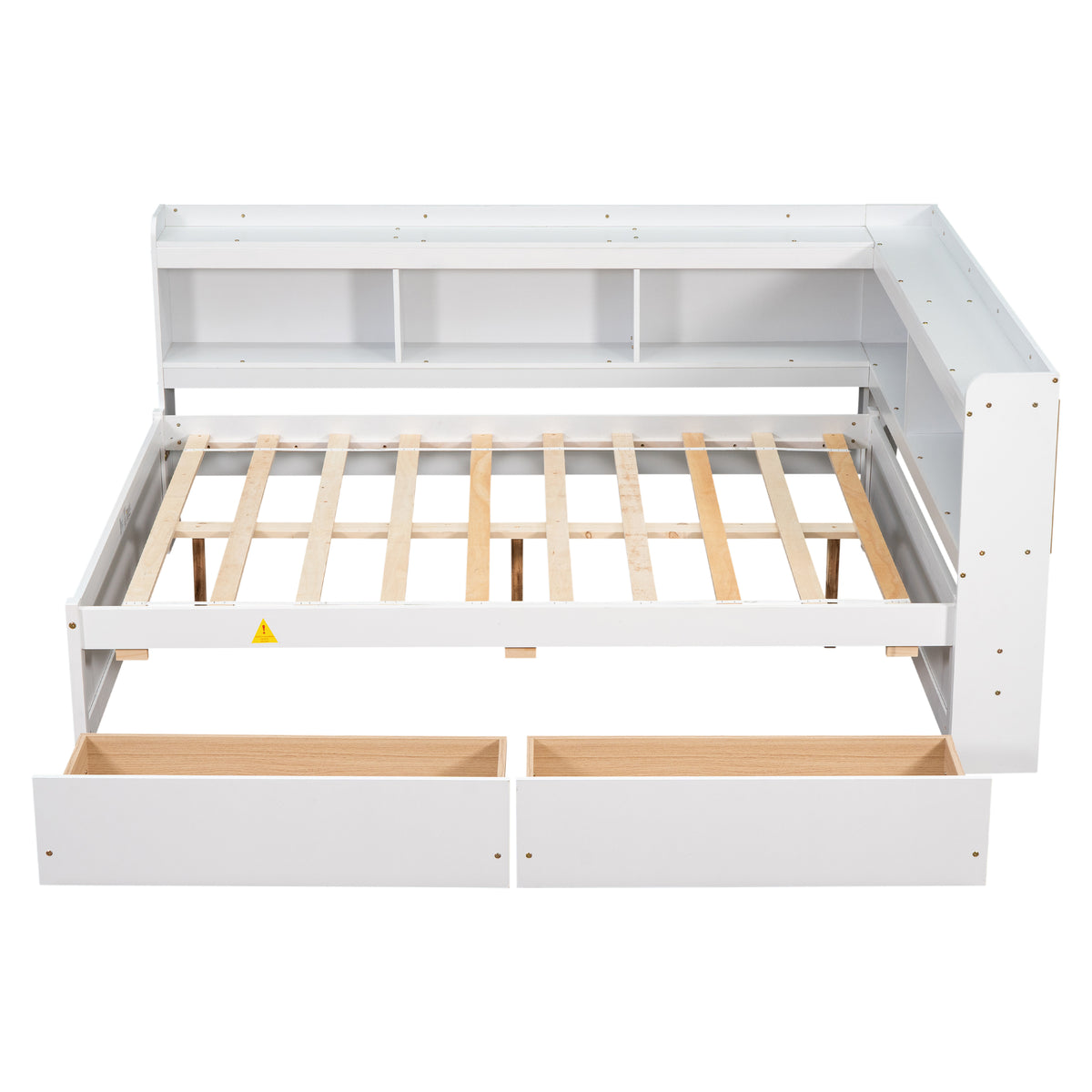 White full bed frame interior showing wooden slats and two pull-out drawer bins
