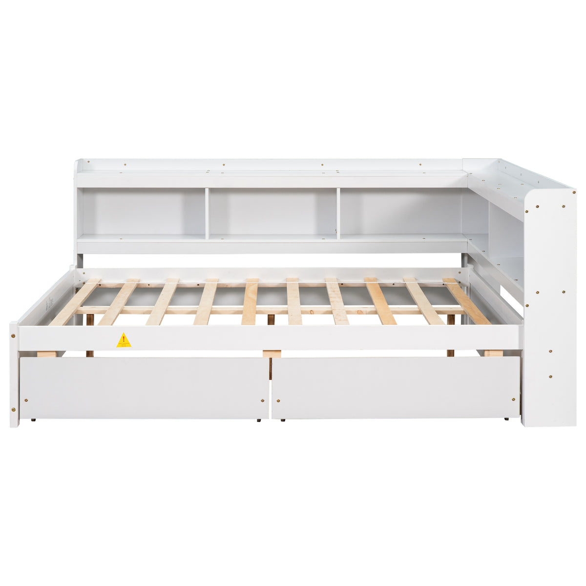 White full bed frame with open drawer storage, wooden slats, and side bookcase shelves