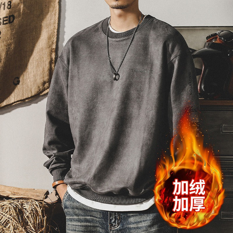 Men's suede-look crewneck sweatshirt, dark gray, long sleeves and ribbed hem