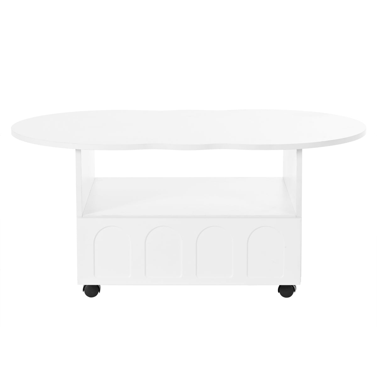 White round coffee table with open center shelf and drawer with arched panel fronts