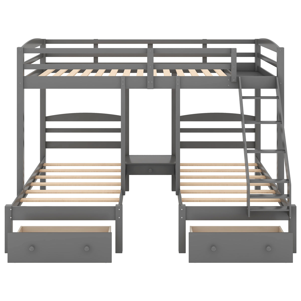 Gray triple bunk bed frame with guard rails, ladder, and two drawer units