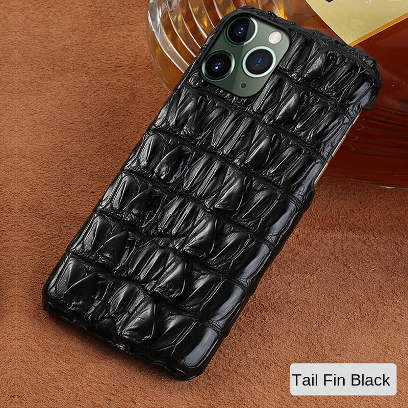 Black crocodile leather phone case with textured scale pattern and camera cutouts