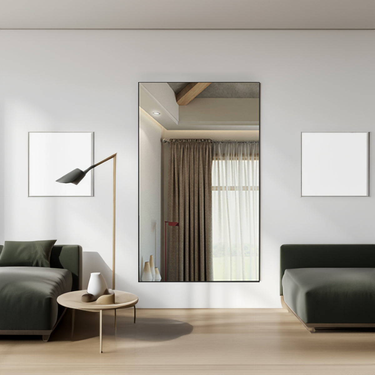 Modern wall mirror with black aluminum frame, clear reflective glass