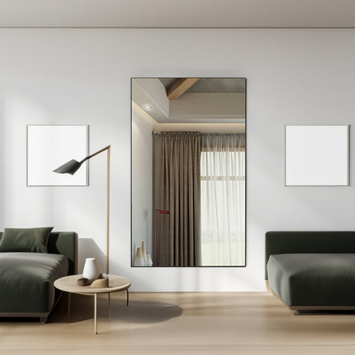 Modern wall mirror with black aluminum frame, clear reflective glass