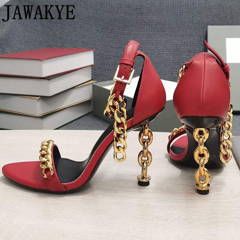 Red patent high-heel chain sandals with ankle strap and gold-tone chain