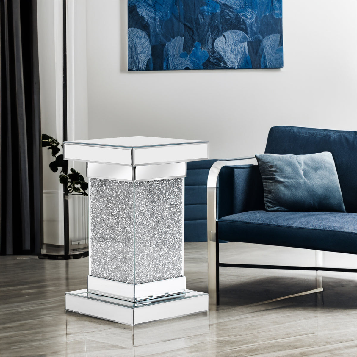 Silver square mirror coffee table with glitter MDF sides and chrome trim