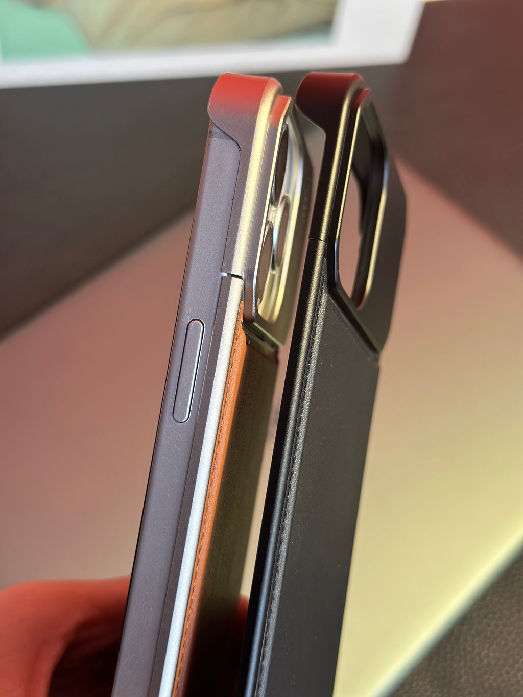 Magnetic aromatherapy phone case, leather-style side with button cutout and raised edge