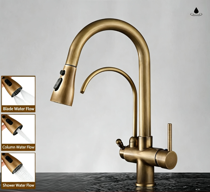 Antique brass kitchen faucet with pull-out sprayer and multiple spray modes inset