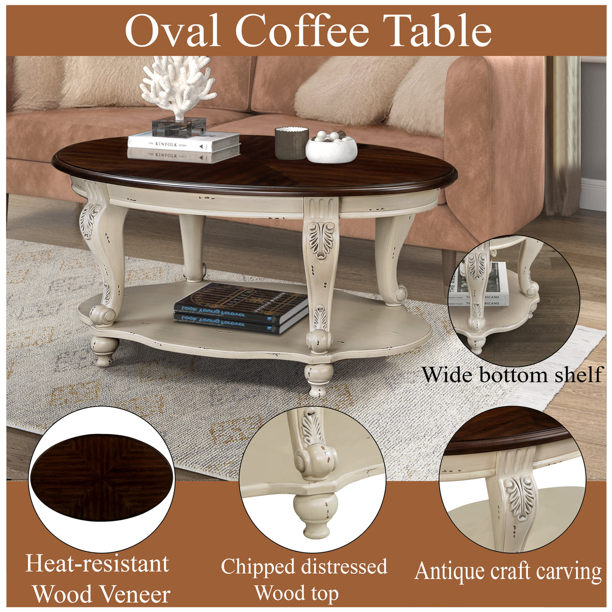 Oval coffee table with dark wood top, carved apron, and open bottom shelf