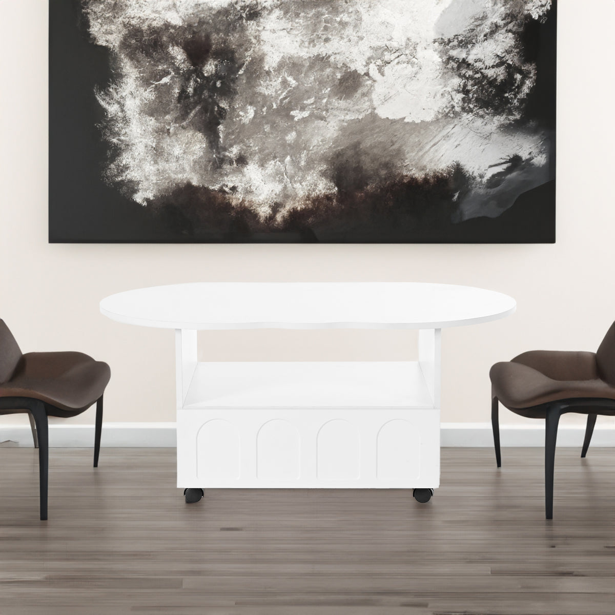 White oval coffee table with open storage and front drawer panels on casters