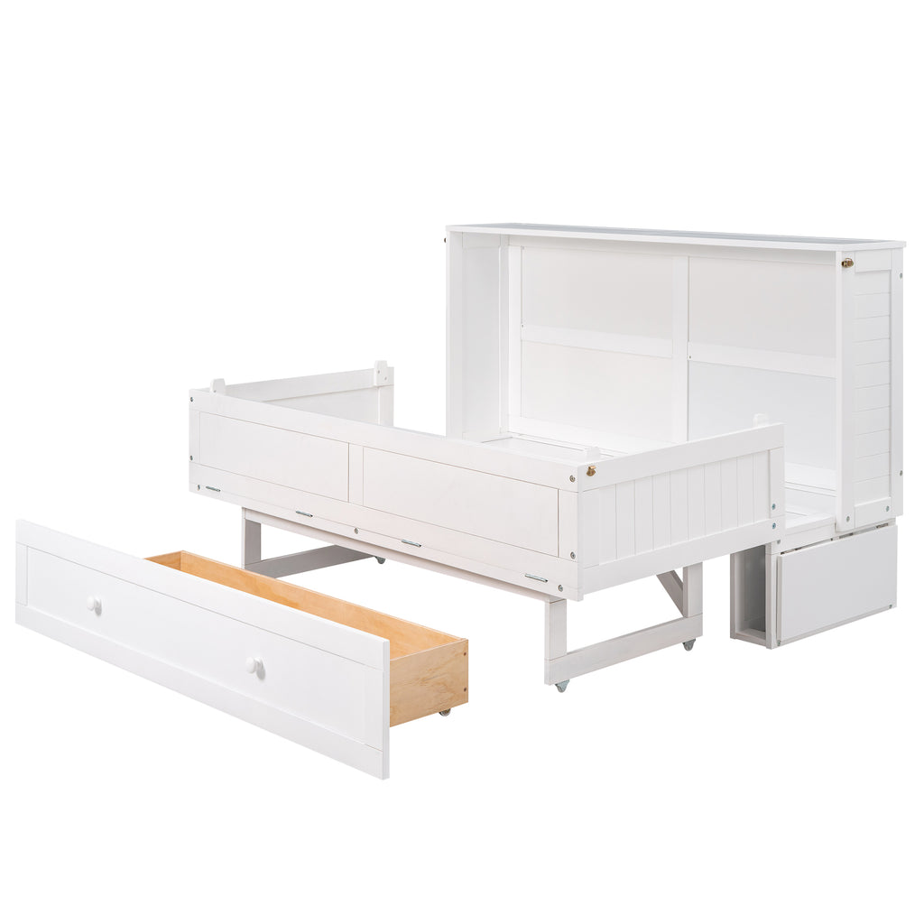 White Murphy bed in open position with pull-out mattress platform and drawer
