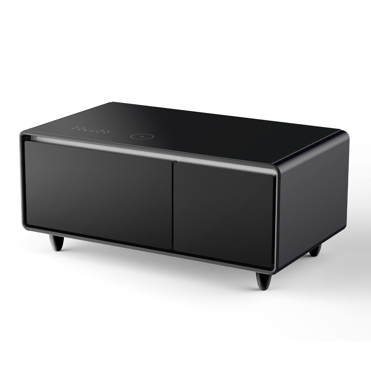 Black smart coffee table with smooth top panel and two front cabinet doors