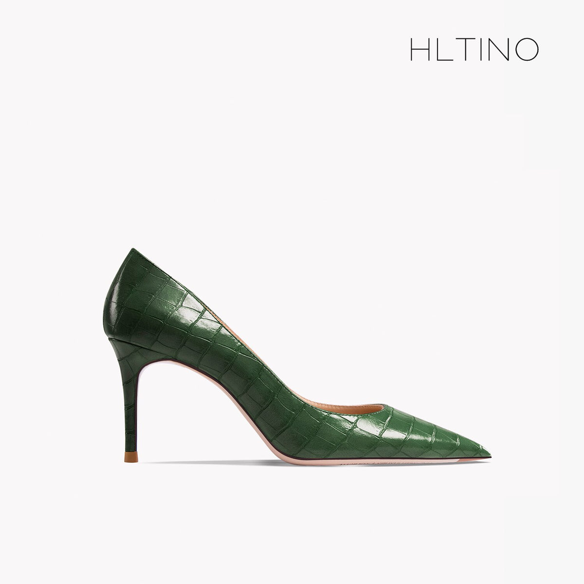 Women's pointed-toe high heel shoes, green patent leather with croc texture, thin heel