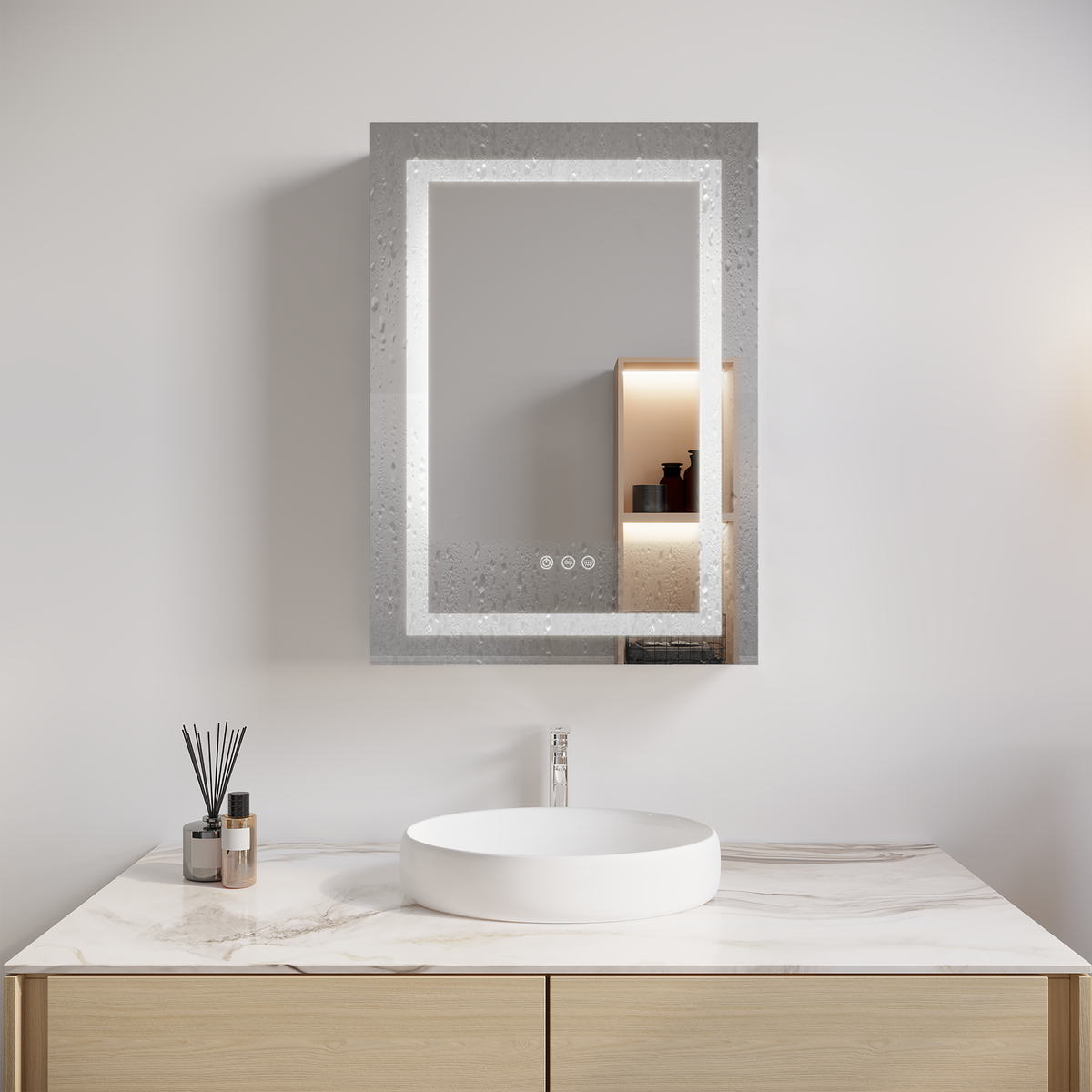 LED anti-fog mirror medicine cabinet with touch icons, silver frame, single door