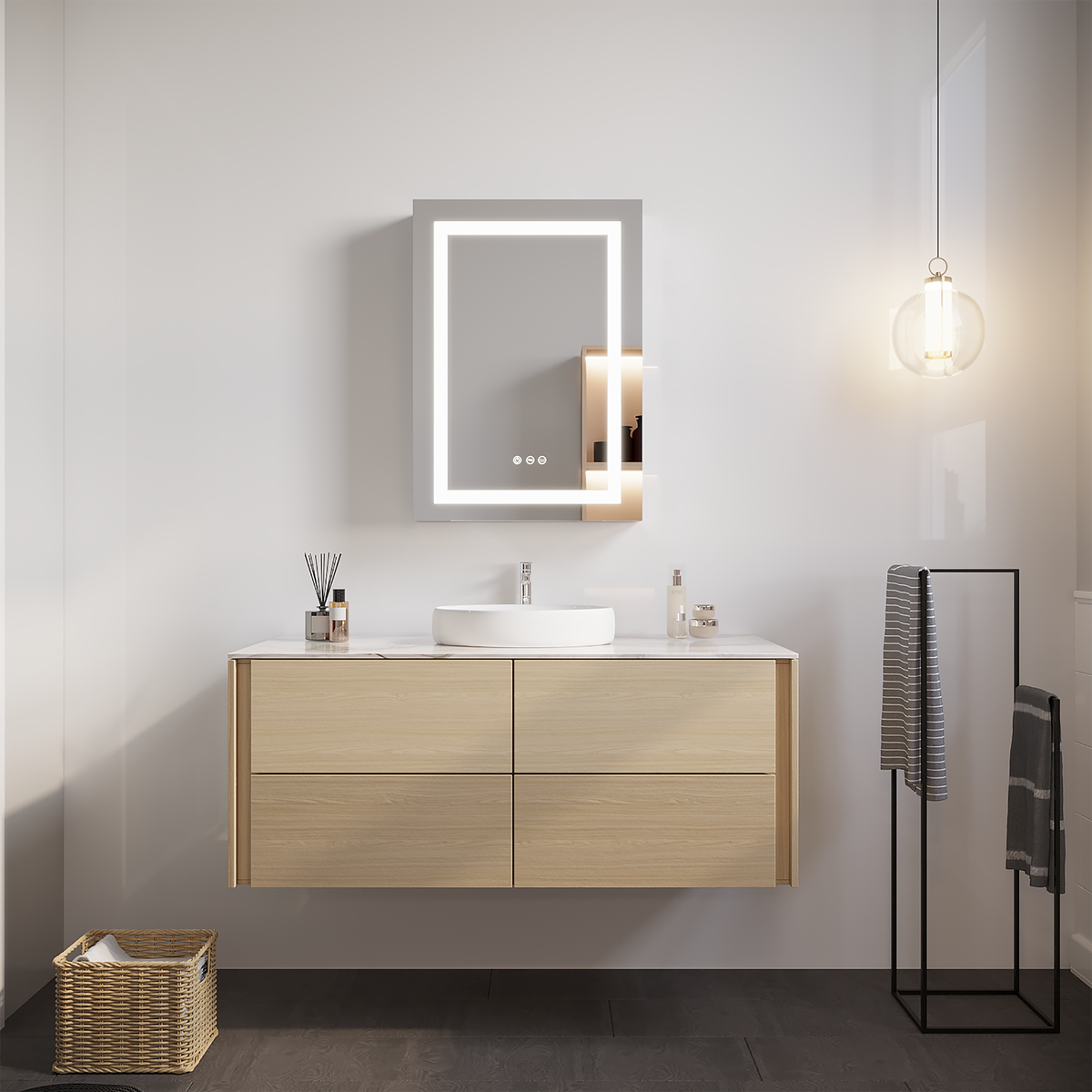 LED mirror medicine cabinet with anti-fog glass over vanity, single door, lighted frame