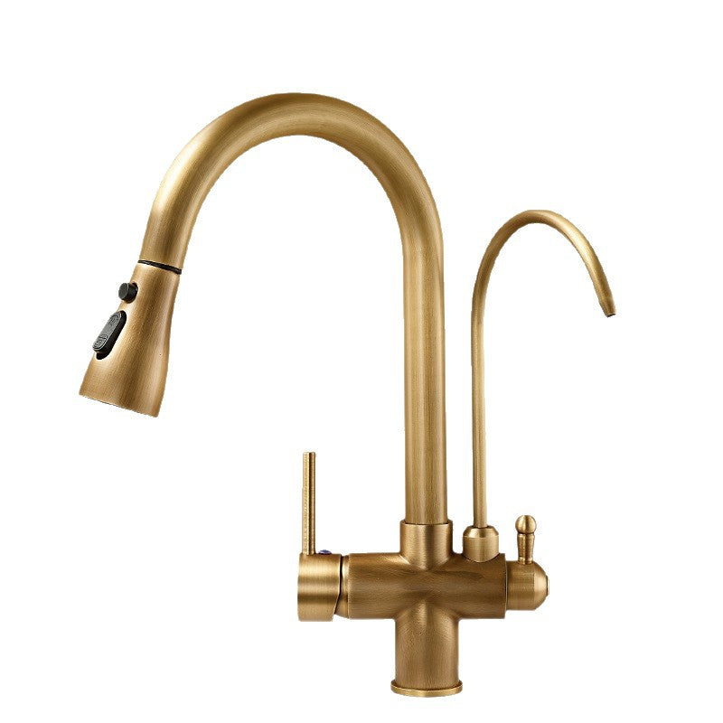 Gold kitchen sink faucet with curved gooseneck, pull-out sprayer, hot and cold knobs