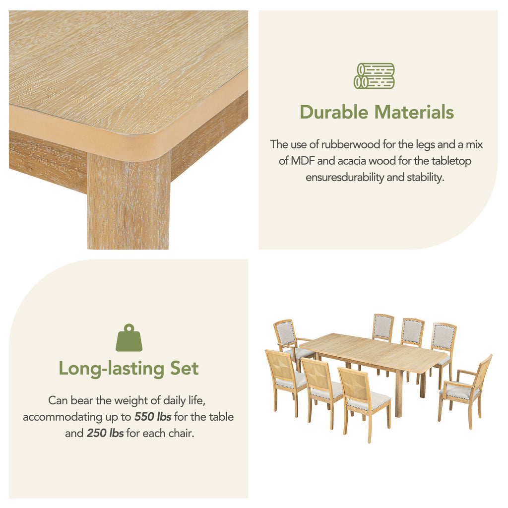 Tabletop and leg material close-up illustration for a natural wood dining table set