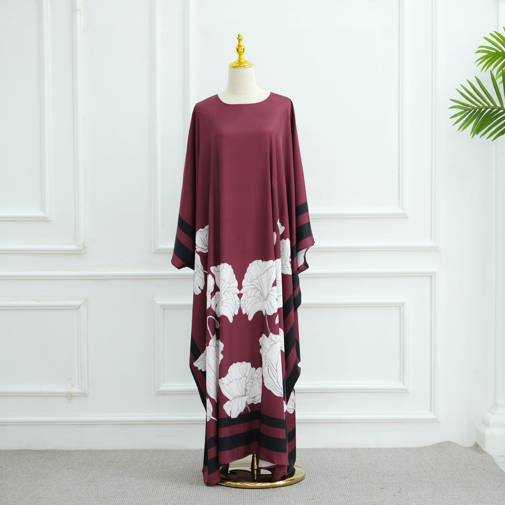 Wine red printed dress with large white floral print and dark striped border