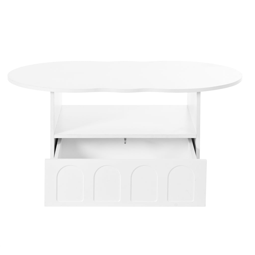 White round coffee table with open shelf and drawer unit with arched panel fronts