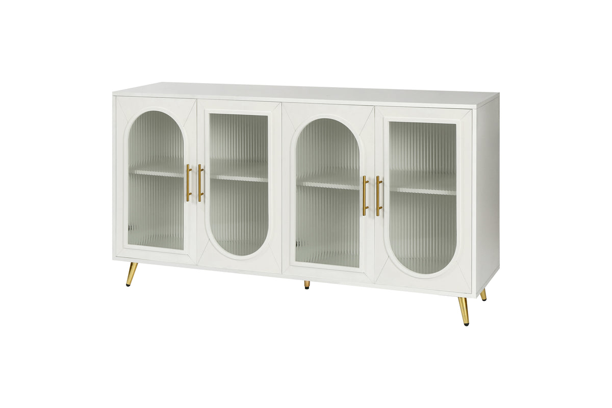 Antique white TV stand with four arched glass doors and gold-toned handles