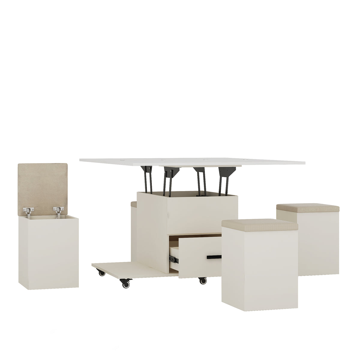 White lift-top coffee table underside showing hinges and open storage drawers