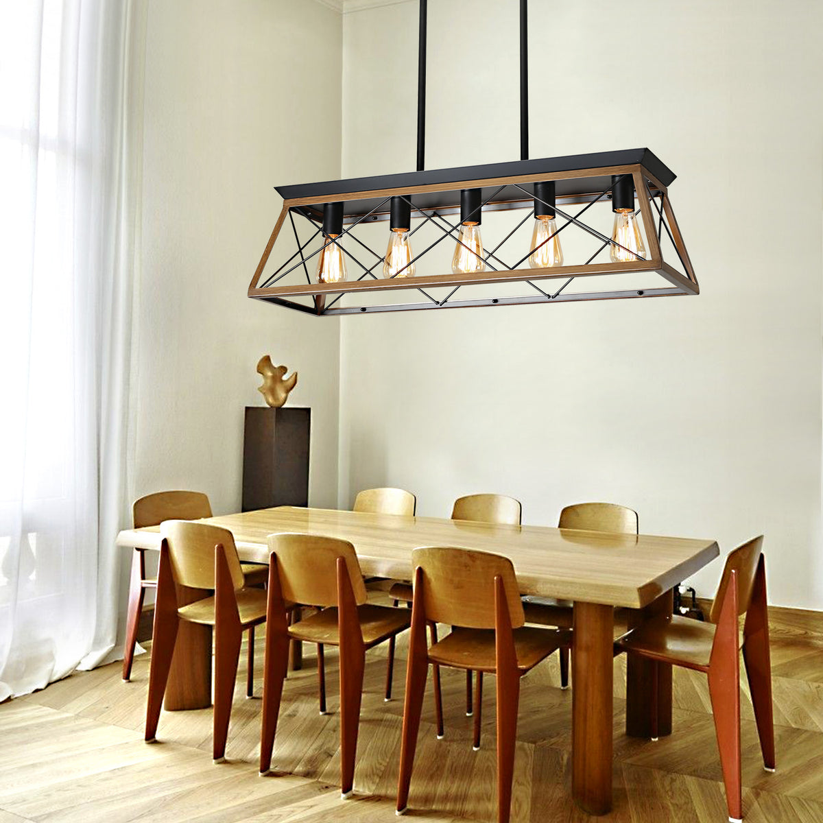 Farmhouse 5-bulb rectangular chandelier with black metal frame and warm wood accents