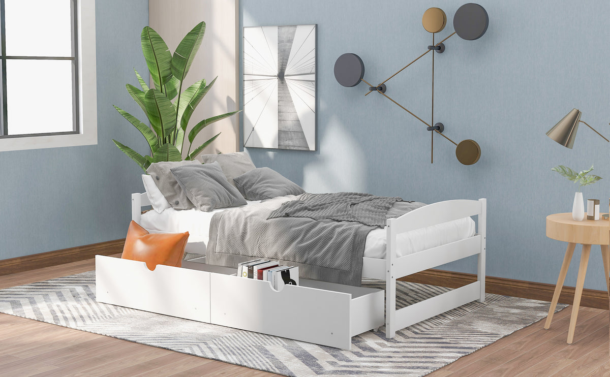 Twin platform bed in white with two drawers, open storage and slatted base.