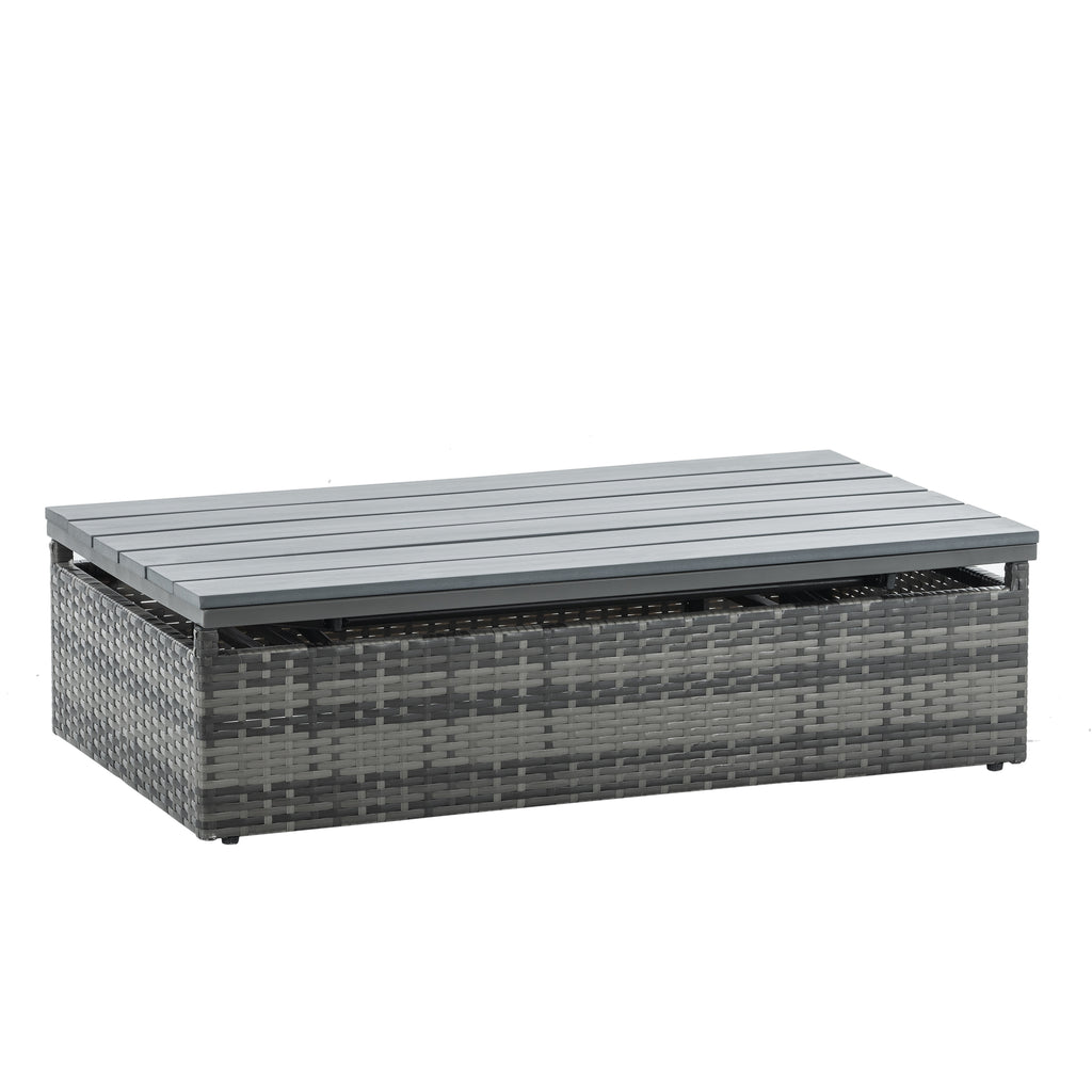 Dark gray PE wicker coffee table with slatted lid, rectangular outdoor storage bench